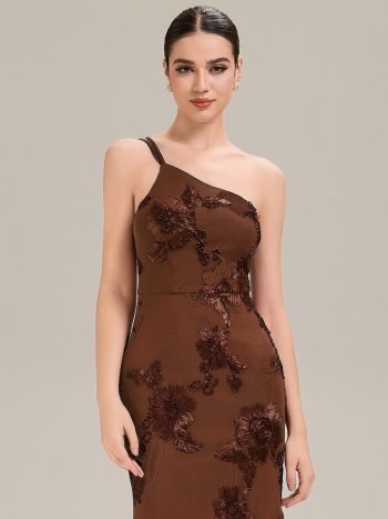 One Shoulder Mesh Floral Applique Evening Dress - Brown