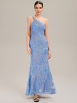 One Shoulder Mesh Floral Applique Evening Dress - Ice Blue