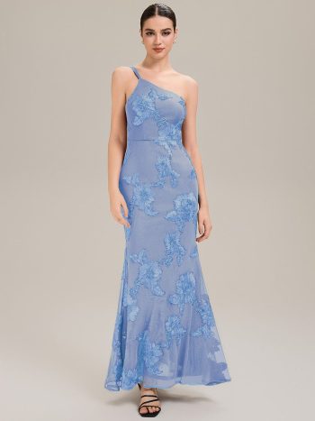 One Shoulder Mesh Floral Applique Evening Dress - Ice Blue