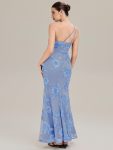 One Shoulder Mesh Floral Applique Evening Dress – Ice Blue