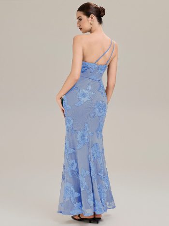 One Shoulder Mesh Floral Applique Evening Dress - Ice Blue