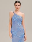 One Shoulder Mesh Floral Applique Evening Dress – Ice Blue