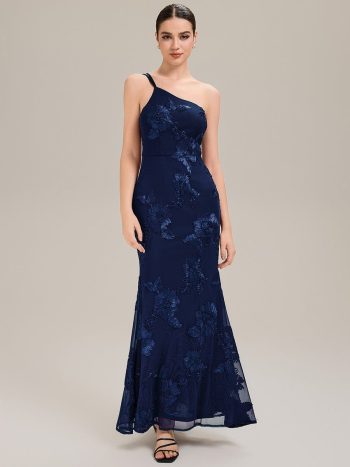 One Shoulder Mesh Floral Applique Evening Dress - Navy Blue