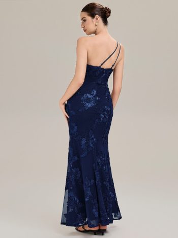 One Shoulder Mesh Floral Applique Evening Dress - Navy Blue