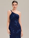 One Shoulder Mesh Floral Applique Evening Dress – Navy Blue