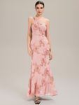 One Shoulder Mesh Floral Applique Evening Dress - Pink