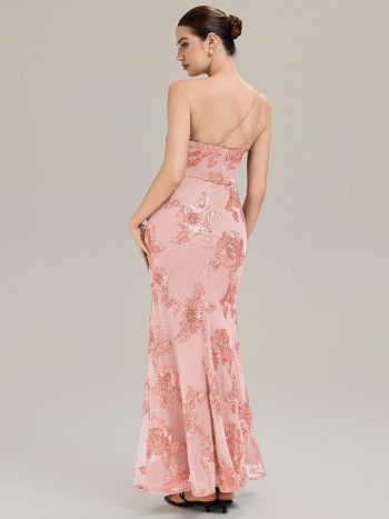 One Shoulder Mesh Floral Applique Evening Dress - Pink