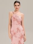 One Shoulder Mesh Floral Applique Evening Dress – Pink