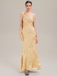 One Shoulder Mesh Floral Applique Evening Dress - Yellow