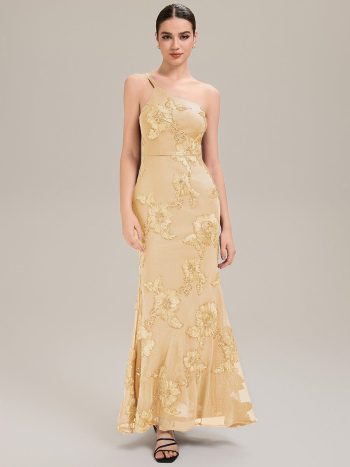 One Shoulder Mesh Floral Applique Evening Dress - Yellow