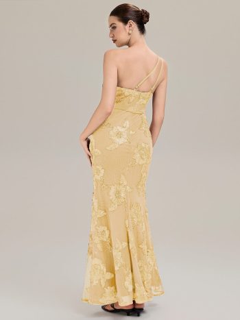 One Shoulder Mesh Floral Applique Evening Dress - Yellow