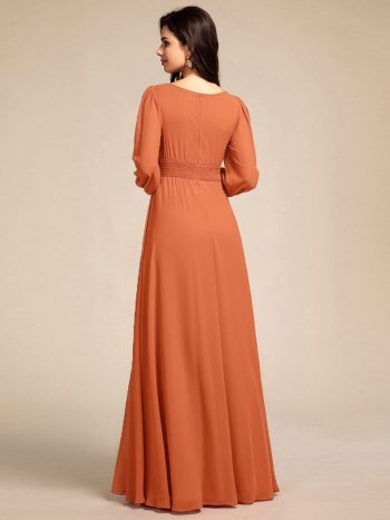 Chiffon Long Sleeve A-Line Round Neckline Formal Dress - Brandied Melon