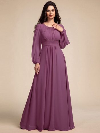Chiffon Long Sleeve A-Line Round Neckline Formal Dress - Damson