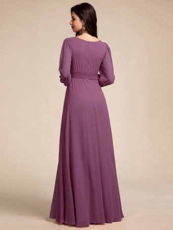 Chiffon Long Sleeve A-Line Round Neckline Formal Dress - Damson