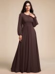 Chiffon Long Sleeve A-Line Round Neckline Formal Dress - Espresso