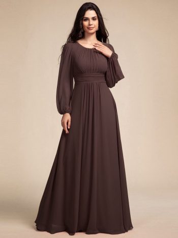 Chiffon Long Sleeve A-Line Round Neckline Formal Dress - Espresso