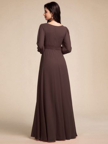 Chiffon Long Sleeve A-Line Round Neckline Formal Dress - Espresso