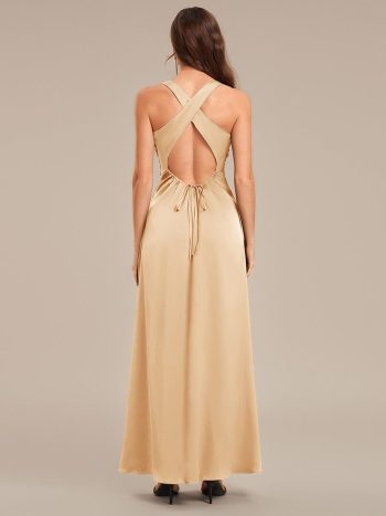 Backless Satin Sleeveless Bridesmaid Dress - Champagne