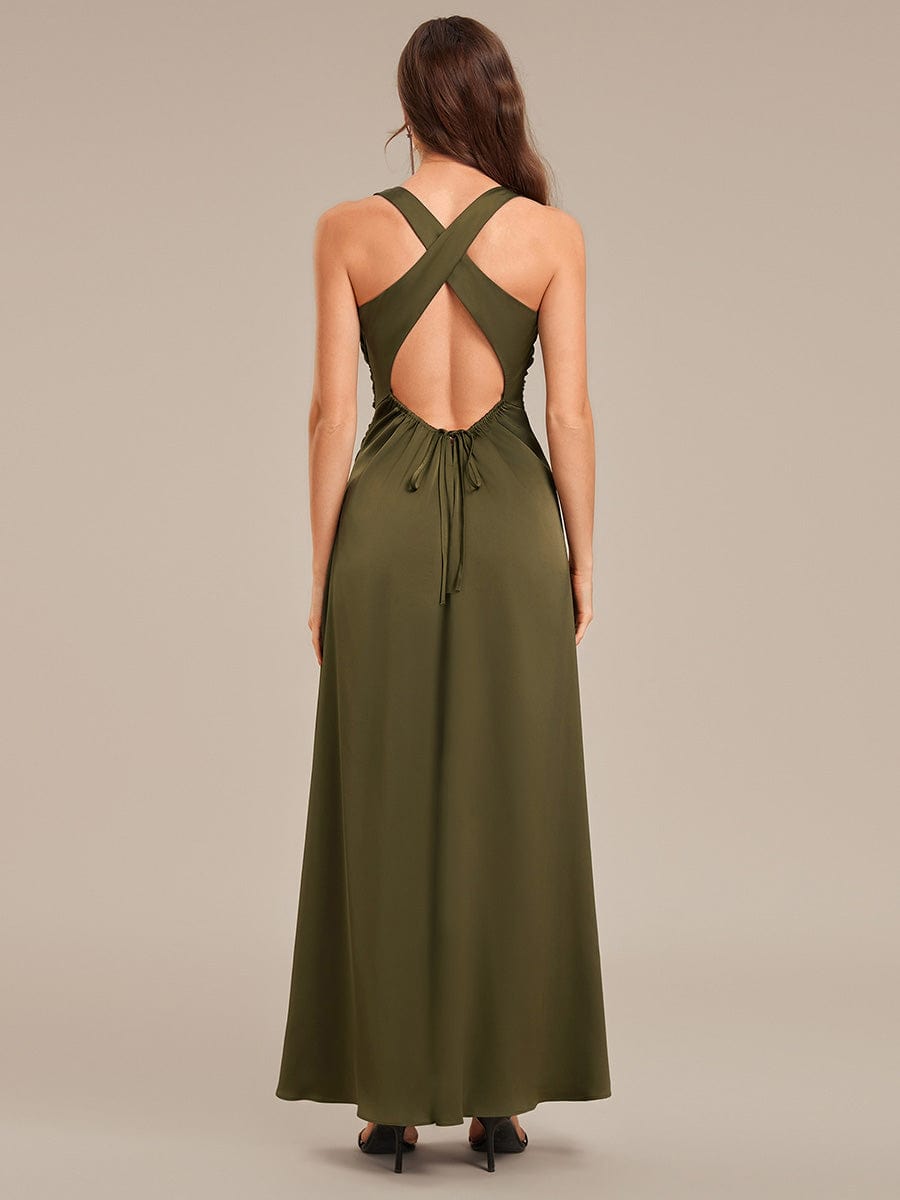 Backless Satin Sleeveless Bridesmaid Dress - Olive Green Backless Satin Sleeveless Bridesmaid Dress - Olive Green