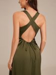 Backless Satin Sleeveless Bridesmaid Dress – Olive Green