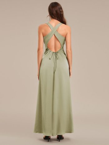 Backless Satin Sleeveless Bridesmaid Dress - Sage Green