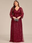 Shimmering All Over V-Neck Long Lantern Sleeve Sequin A-Line Evening Dress – Burgundy