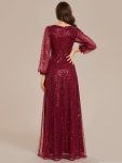 Shimmering All Over V-Neck Long Lantern Sleeve Sequin A-Line Evening Dress – Burgundy