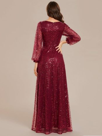 Shimmering All Over V-Neck Long Lantern Sleeve Sequin A-Line Evening Dress - Burgundy