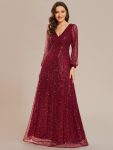 Shimmering All Over V-Neck Long Lantern Sleeve Sequin A-Line Evening Dress – Burgundy