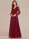 Shimmering All Over V-Neck Long Lantern Sleeve Sequin A-Line Evening Dress – Burgundy