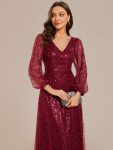 Shimmering All Over V-Neck Long Lantern Sleeve Sequin A-Line Evening Dress – Burgundy