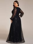 Shimmering All Over V-Neck Long Lantern Sleeve Sequin A-Line Evening Dress – Black