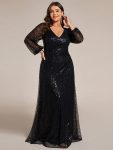 Shimmering All Over V-Neck Long Lantern Sleeve Sequin A-Line Evening Dress – Black