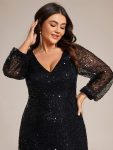 Shimmering All Over V-Neck Long Lantern Sleeve Sequin A-Line Evening Dress – Black