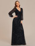 Shimmering All Over V-Neck Long Lantern Sleeve Sequin A-Line Evening Dress – Black