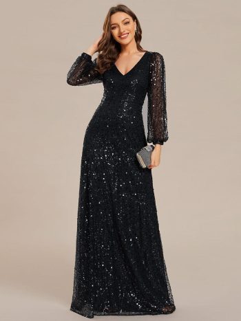 Shimmering All Over V-Neck Long Lantern Sleeve Sequin A-Line Evening Dress - Black