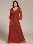 Shimmering All Over V-Neck Long Lantern Sleeve Sequin A-Line Evening Dress – Burnt Orange
