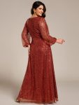 Shimmering All Over V-Neck Long Lantern Sleeve Sequin A-Line Evening Dress – Burnt Orange