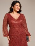 Shimmering All Over V-Neck Long Lantern Sleeve Sequin A-Line Evening Dress – Burnt Orange