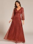 Shimmering All Over V-Neck Long Lantern Sleeve Sequin A-Line Evening Dress – Burnt Orange