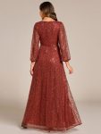 Shimmering All Over V-Neck Long Lantern Sleeve Sequin A-Line Evening Dress – Burnt Orange