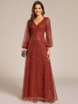 Shimmering All Over V-Neck Long Lantern Sleeve Sequin A-Line Evening Dress - Burnt Orange