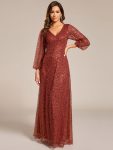 Shimmering All Over V-Neck Long Lantern Sleeve Sequin A-Line Evening Dress – Burnt Orange