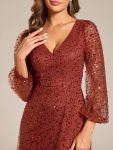 Shimmering All Over V-Neck Long Lantern Sleeve Sequin A-Line Evening Dress – Burnt Orange