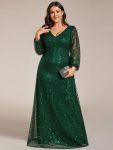 Shimmering All Over V-Neck Long Lantern Sleeve Sequin A-Line Evening Dress – Dark Green