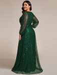 Shimmering All Over V-Neck Long Lantern Sleeve Sequin A-Line Evening Dress – Dark Green