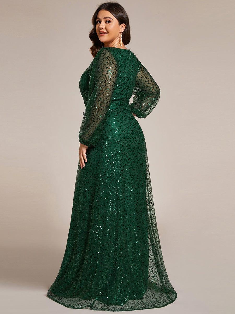 Shimmering All Over V-Neck Long Lantern Sleeve Sequin A-Line Evening Dress - Dark Green Shimmering All Over V-Neck Long Lantern Sleeve Sequin A-Line Evening Dress - Dark Green