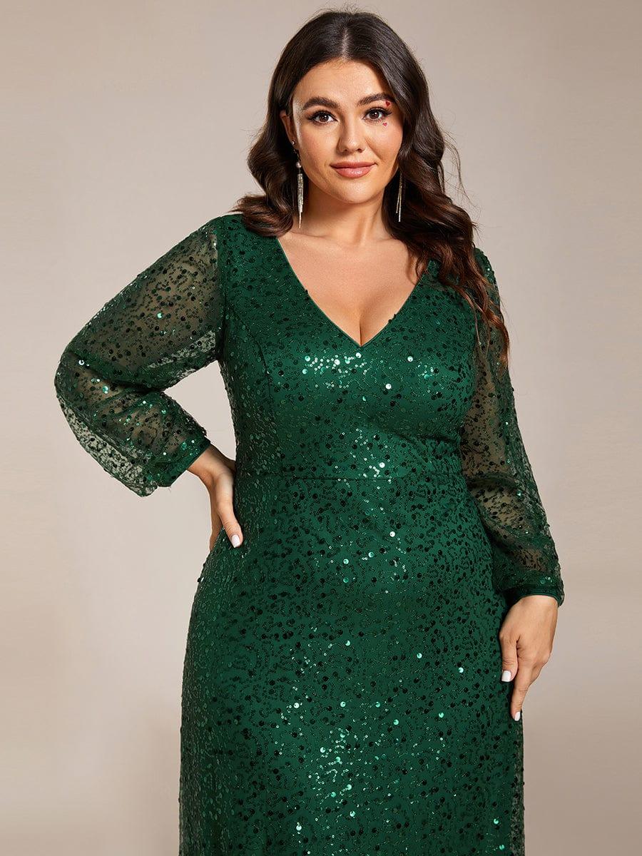 Shimmering All Over V-Neck Long Lantern Sleeve Sequin A-Line Evening Dress - Dark Green Shimmering All Over V-Neck Long Lantern Sleeve Sequin A-Line Evening Dress - Dark Green