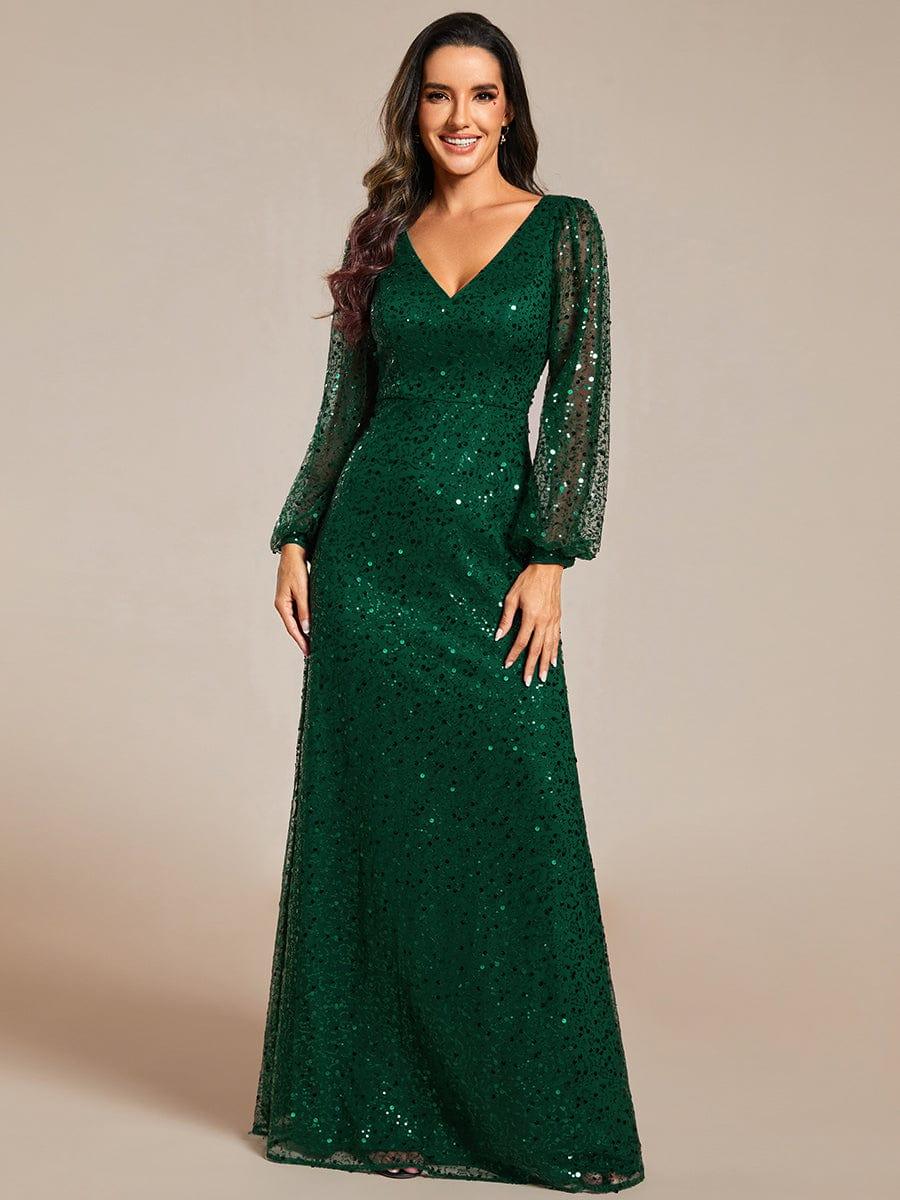 Shimmering All Over V-Neck Long Lantern Sleeve Sequin A-Line Evening Dress - Dark Green Shimmering All Over V-Neck Long Lantern Sleeve Sequin A-Line Evening Dress - Dark Green