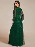 Shimmering All Over V-Neck Long Lantern Sleeve Sequin A-Line Evening Dress – Dark Green